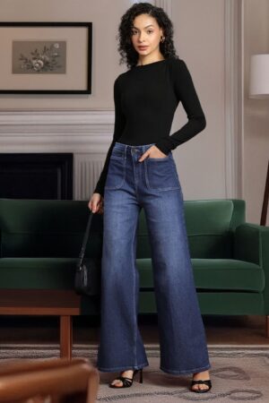 Women Wide Leg Light Fade Stretchable Jeans