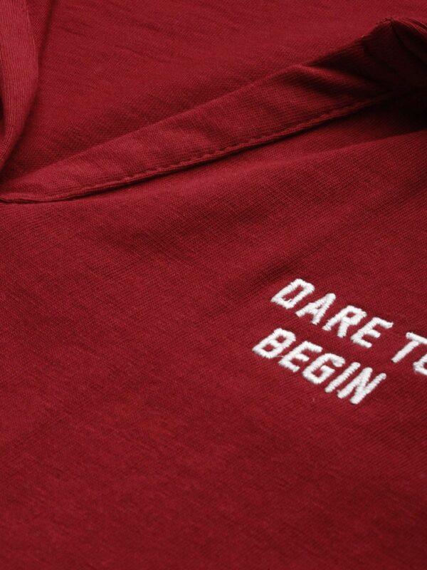 Women Burgundy Solid Polo Collar Pure Cotton T-shirt with Embroidered Detail - Image 3