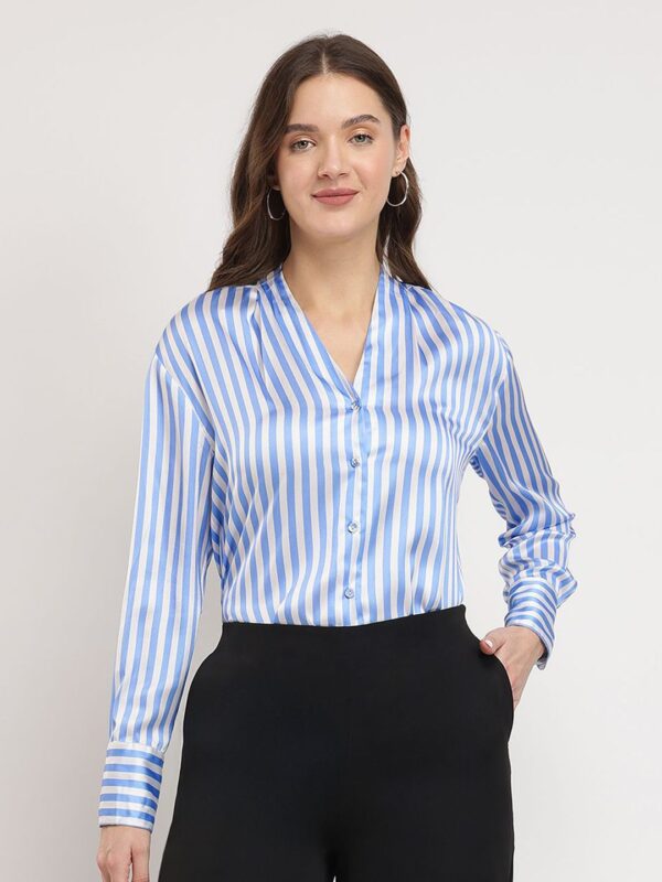 Women Comfort Fit Collarless Vertical Striped Satin Casual Shirt - Image 3