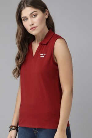Women Burgundy Solid Polo Collar Pure Cotton T-shirt with Embroidered Detail