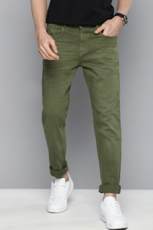 Men Olive Green Slim Tapered Fit Mid-Rise Clean Look Stretchable Jeans