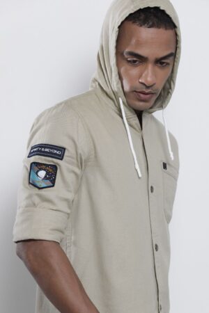 Men Khaki Solid Hooded Slim Fit Casual Shirt