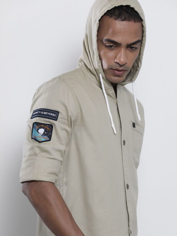 Men Khaki Solid Hooded Slim Fit Casual Shirt