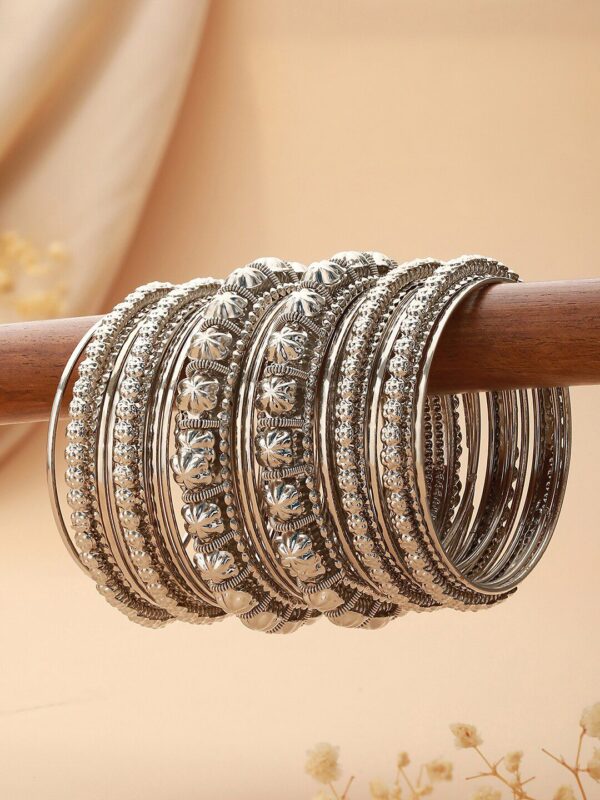 Jazz and Sizzle Set Of 18 Silver-Plated Textured Oxidised Bangles - Image 2