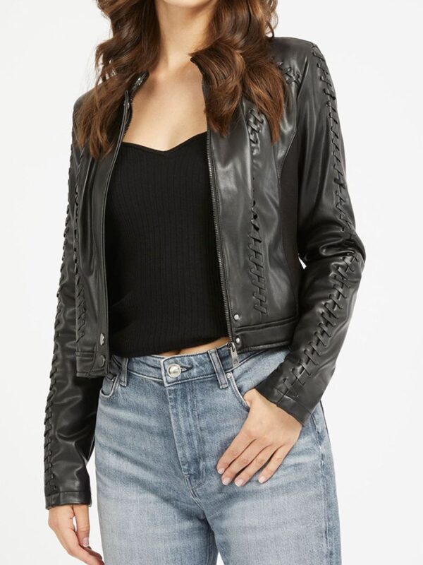 GUESS Women Solid Crop Biker Jacket - Image 3