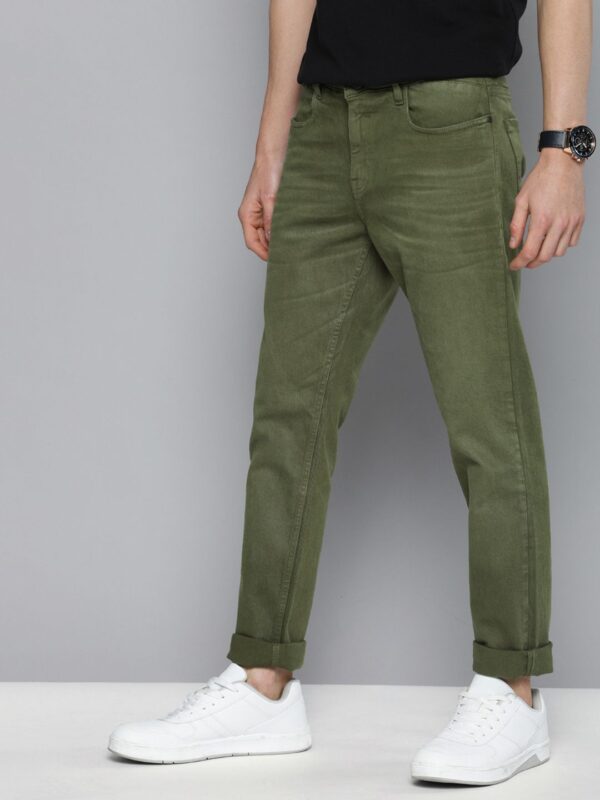 Men Olive Green Slim Tapered Fit Mid-Rise Clean Look Stretchable Jeans - Image 2