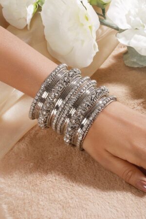 Jazz and Sizzle Set Of 18 Silver-Plated Textured Oxidised Bangles