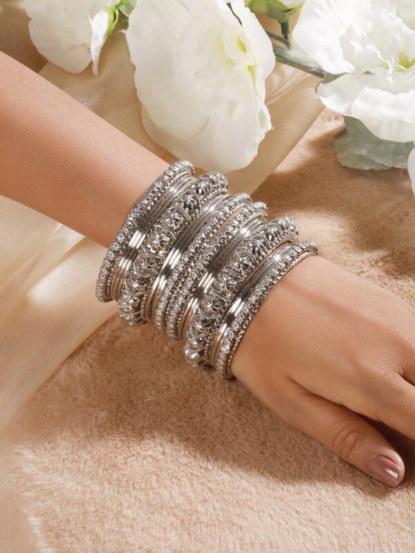 Jazz and Sizzle Set Of 18 Silver-Plated Textured Oxidised Bangles