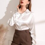 Women Comfort Spread Collar Solid Satin Casual Shirt