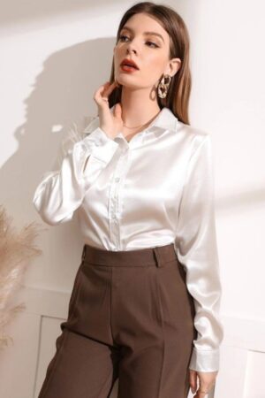 Women Comfort Spread Collar Solid Satin Casual Shirt