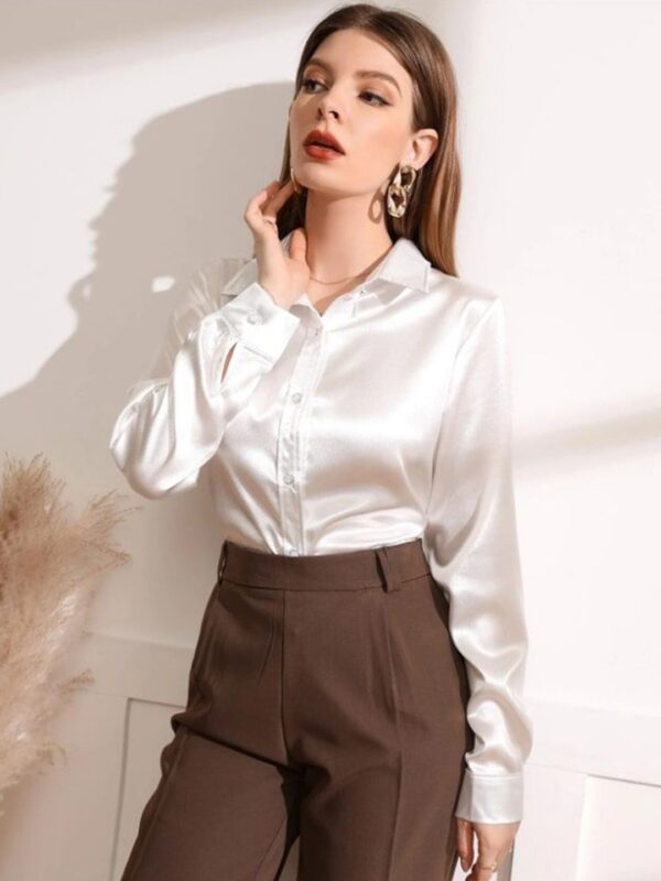 Women Comfort Spread Collar Solid Satin Casual Shirt