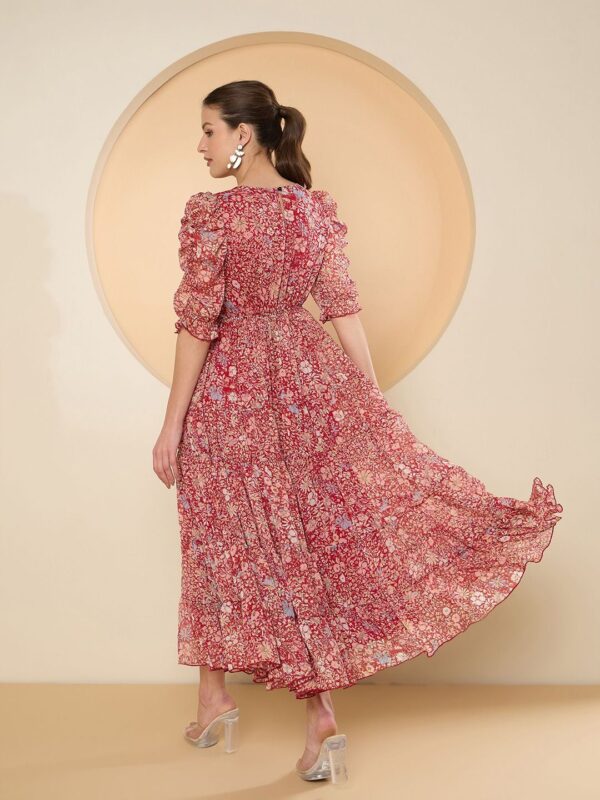 Floral Print Puff Sleeve Chiffon Fit & Flare Embellished Maxi Dress - Image 2