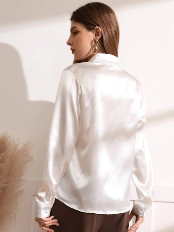 Women Comfort Spread Collar Solid Satin Casual Shirt - Image 3