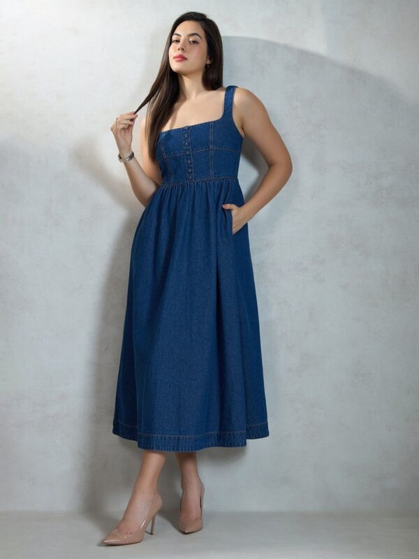 Virgio Pure Cotton Denim Flared Midi Dress - Image 2