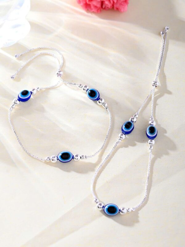 Silver-Plated Stainless Steel Beaded Evil Eye Anklet - Image 2