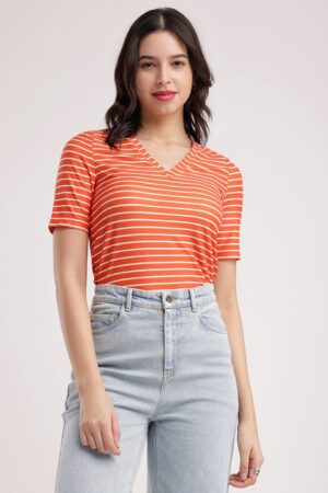 Women Striped V-Neck Pure Cotton Pockets T-shirt