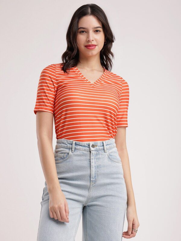 Women Striped V-Neck Pure Cotton Pockets T-shirt