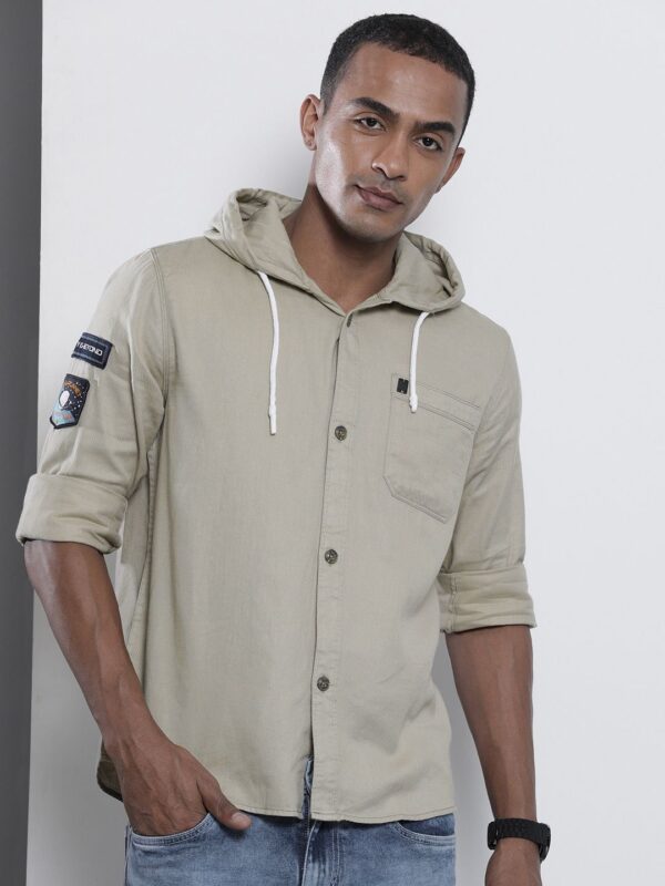Men Khaki Solid Hooded Slim Fit Casual Shirt - Image 3
