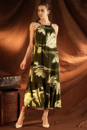 Women Tropical Printed Halter Neck A-Line Felicia Midi Dress