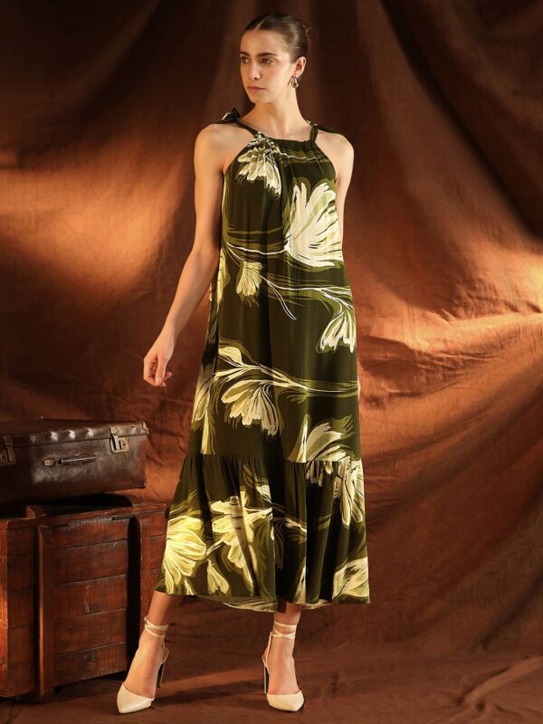Women Tropical Printed Halter Neck A-Line Felicia Midi Dress