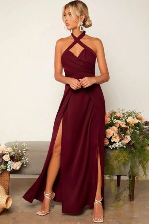 Women Halter Neck Sleeveless A-Line Maxi Dress