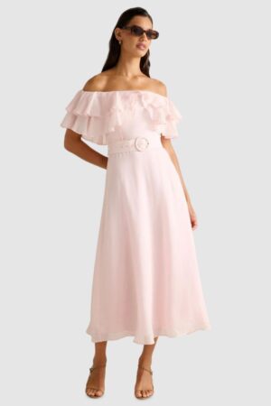 Forever New Women Off-Shoulder Flutter Sleeve Fit and Flare Midi Dress