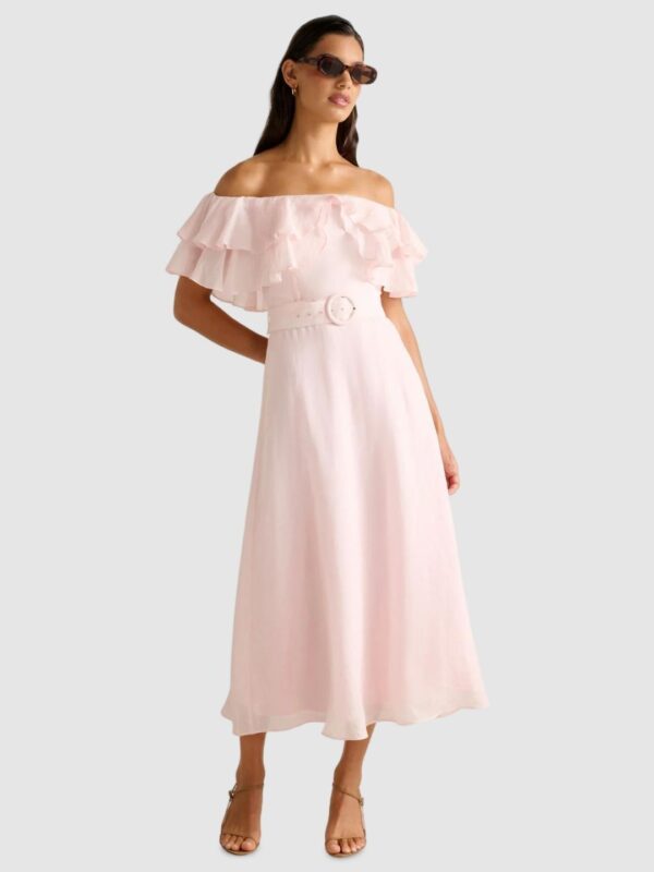 Forever New Women Off-Shoulder Flutter Sleeve Fit and Flare Midi Dress