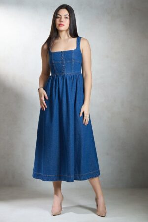 Virgio Pure Cotton Denim Flared Midi Dress