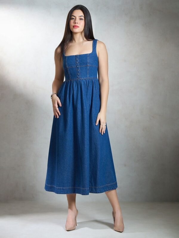 Virgio Pure Cotton Denim Flared Midi Dress