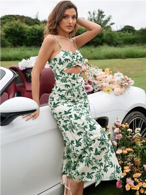 Women Floral Printed Shoulder Straps Cut-Outs Bodycon Midi Dress With High Slit - Image 2