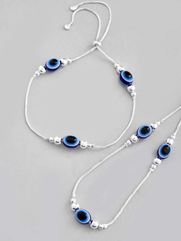 Silver-Plated Stainless Steel Beaded Evil Eye Anklet - Image 3