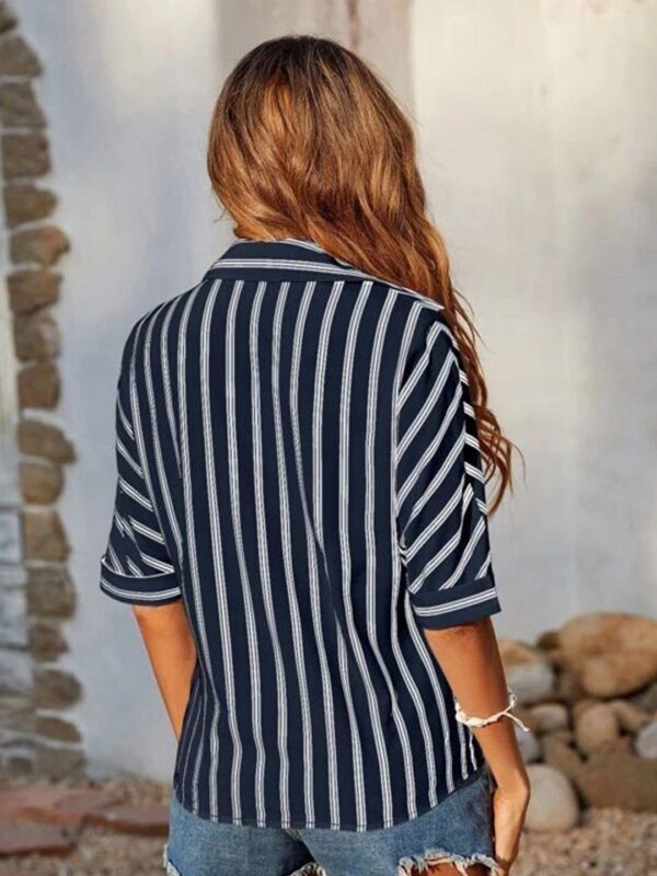 Striped Pattern Spread Collar Extended Sleeves Shirt - Image 2
