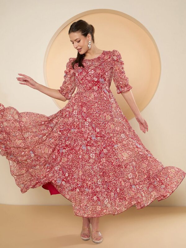 Floral Print Puff Sleeve Chiffon Fit & Flare Embellished Maxi Dress