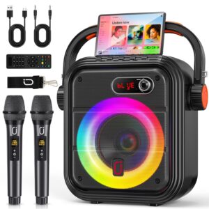 YX Karaoke Machine with 2 Wireless Microphones, RGB Light PA System with Treble/Bass